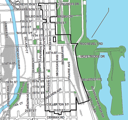 Near South TIF district map, roughly bounded on the north by Congress Parkway, Cermak Road on the south, Lake Shore Drive on the east, and State Street on the west.